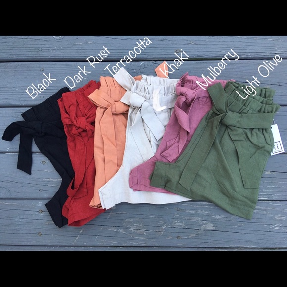 Linen Blend Paper Bag Shorts w/Tie Waist - Olive - Picture 3 of 4